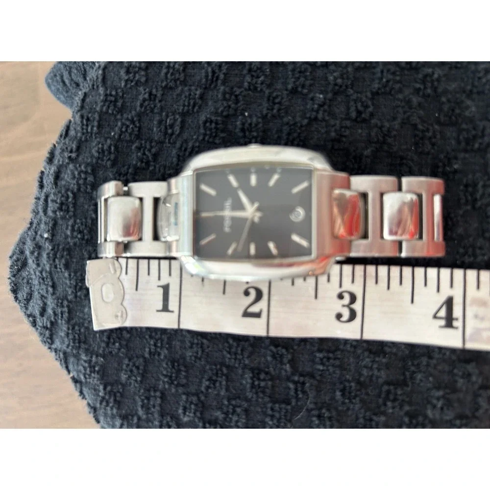 Fossil Mens Stainless Steel Rectangular Watch Black Dial FS-4029 Silver Tone